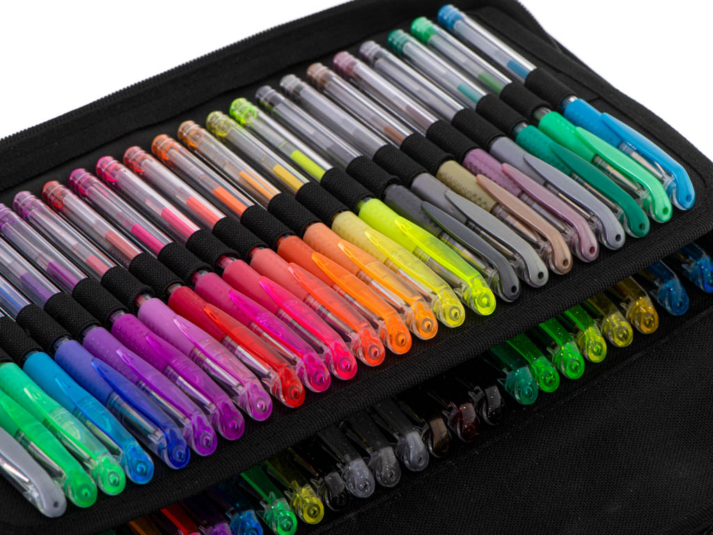 Set 120 pixuri cu gel + 120 de rezerve, 4 tipuri de culori, metalice, fluorescente, glitter si multicolore, geanta depozitare, carte de colorat Set 120 pixuri cu gel + 120 de rezerve, 4 tipuri de culori, metalice, fluorescente, glitter si multicolore, geanta depozitare, carte de colorat